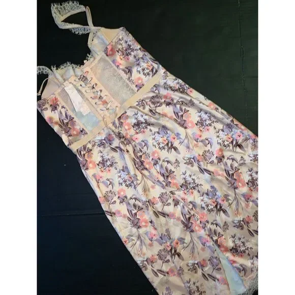 Victoria's Secret S gown slip DRESS Orange blue floral satin White beige lace